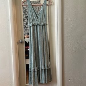 Green and White Striped Floor Length Halter Dress